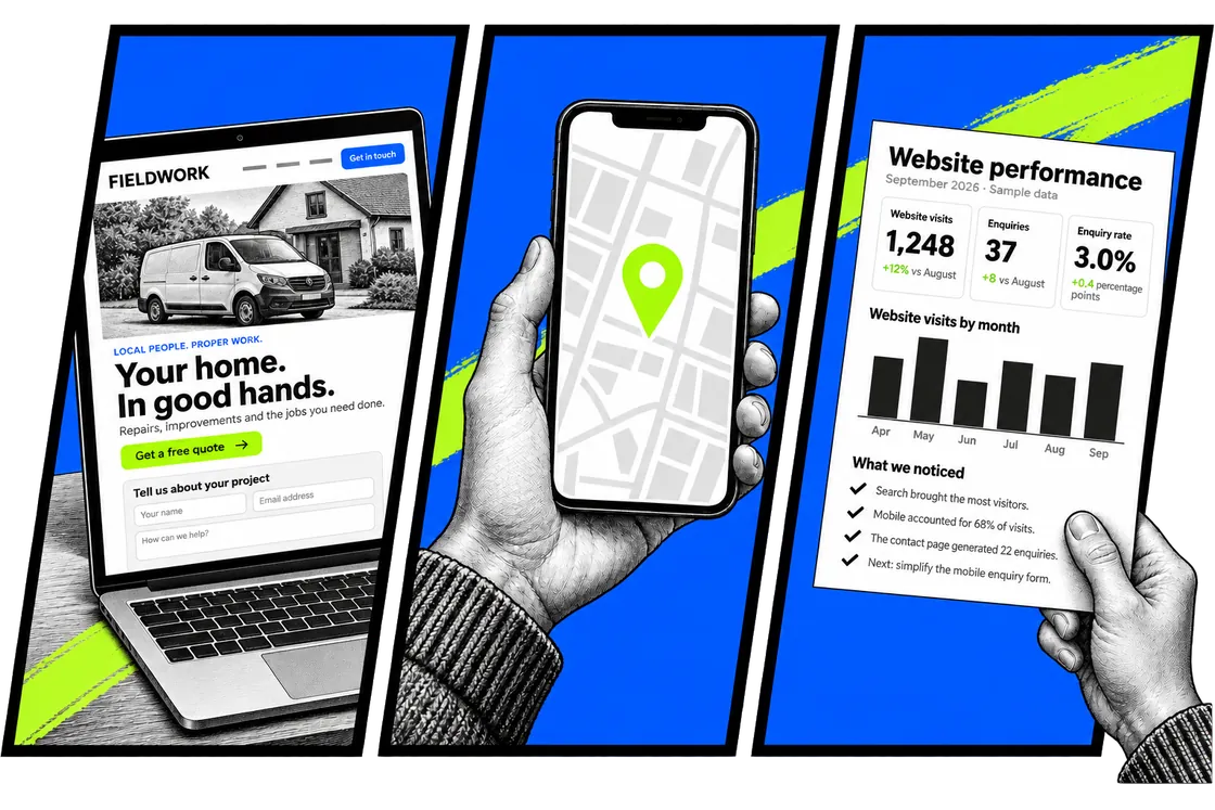 Three panels: a laptop showing a small-business website, a phone showing a local map with one pin, and a hand holding a one-page monthly report of sample figures.