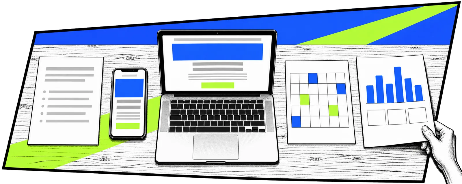 The five things you get, side by side on a desk: a written page, a draft on a phone, the site on a laptop, a monthly plan and a one-page report.