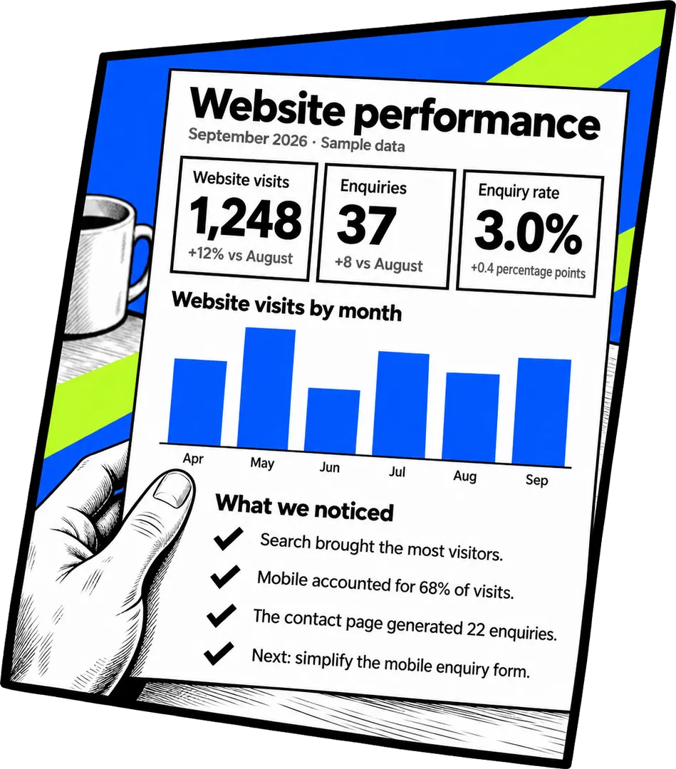A one-page monthly report of sample figures: visits, enquiries, a bar chart by month and four notes on what to change next.