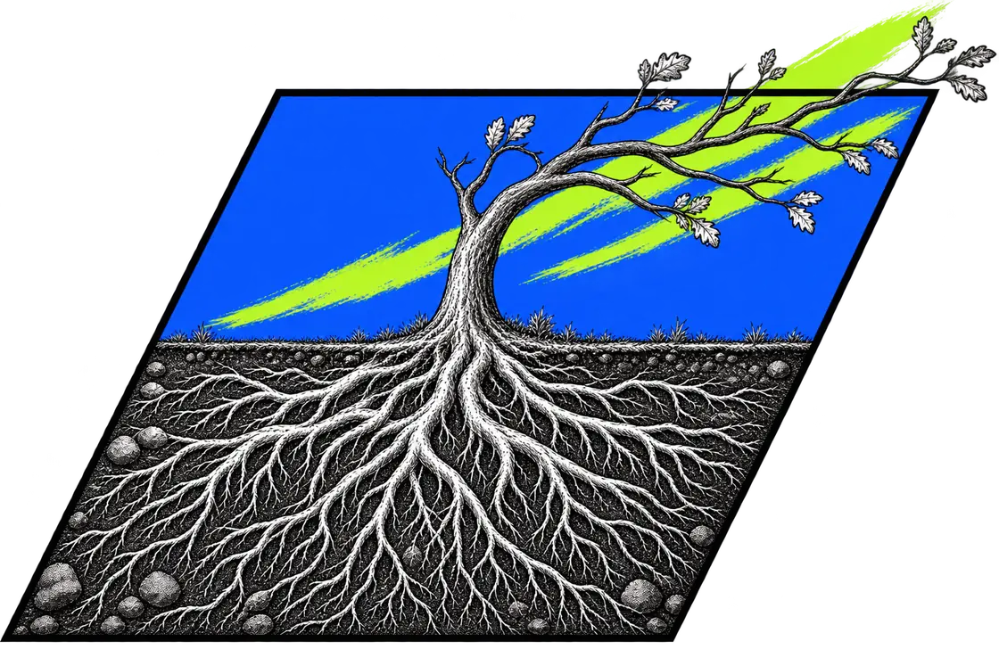 A young oak tree drawn as a cutaway: deep roots spreading through the soil below, and branches reaching out to the right above.