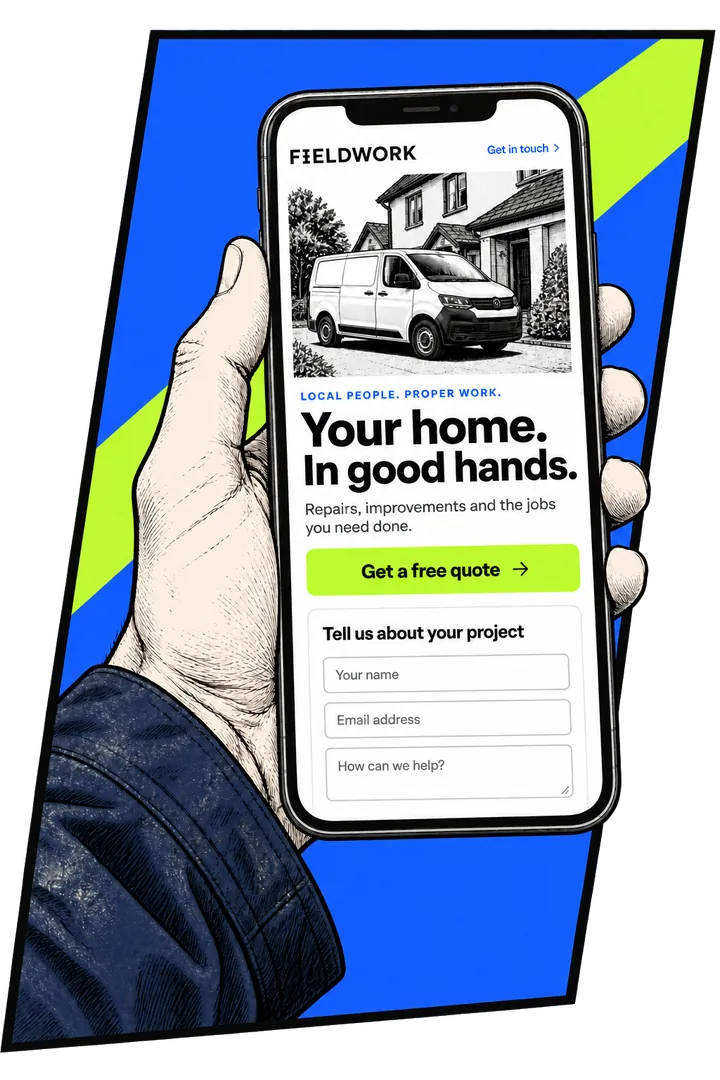A hand holding a phone showing a sample small-business website, with a quote button and an enquiry form.